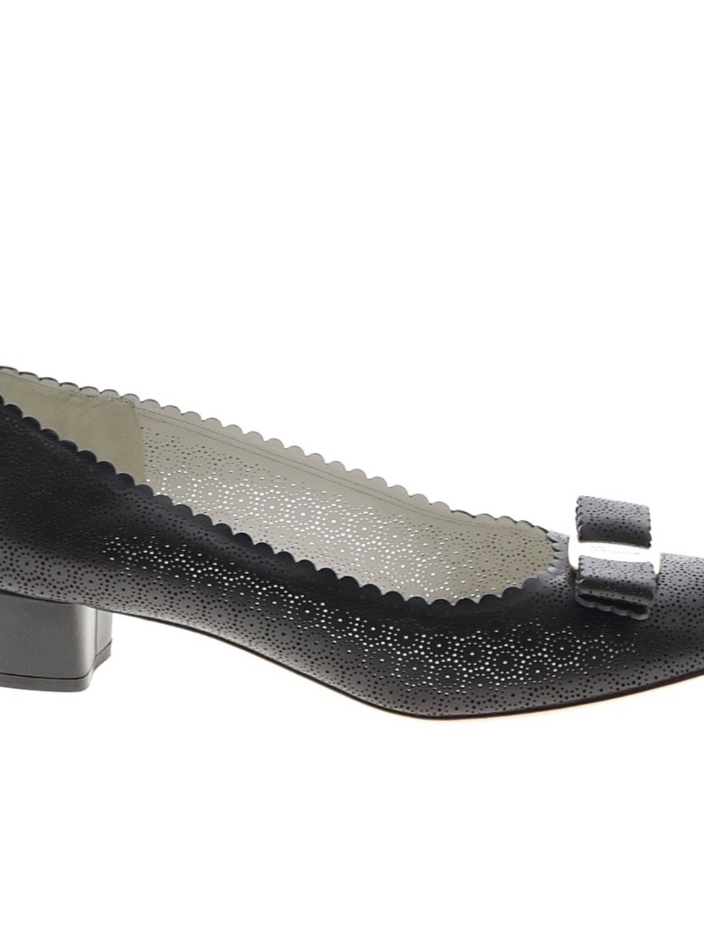 Salvatore Ferragamo Black Perforated Low Block Heel Pump with Bow